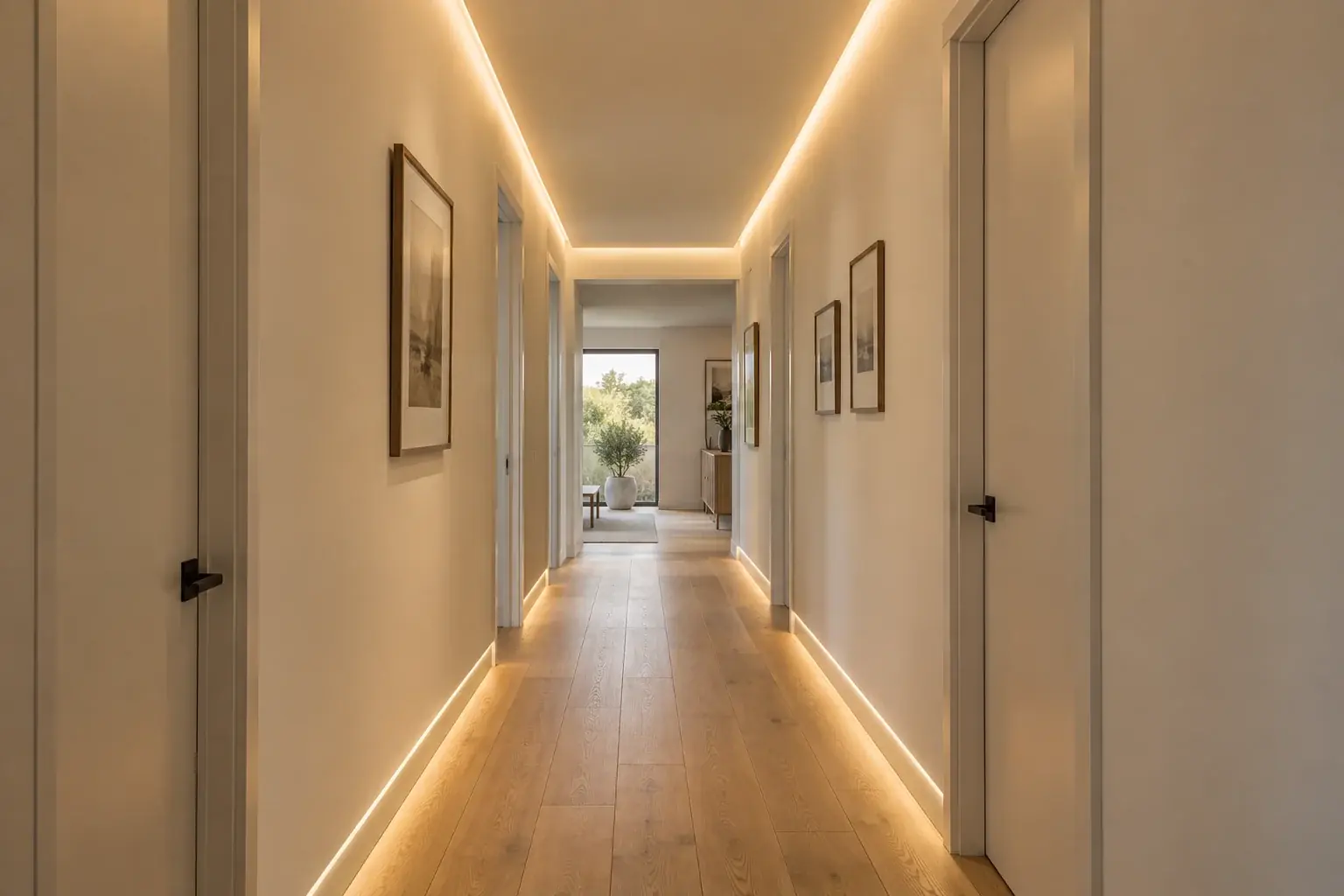 Modern hallway with a warm concealed ceiling perimeter and soft low wall lighting
