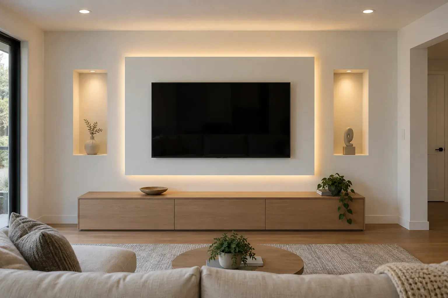 Drywall TV feature wall with a backlit central panel and two illuminated niches