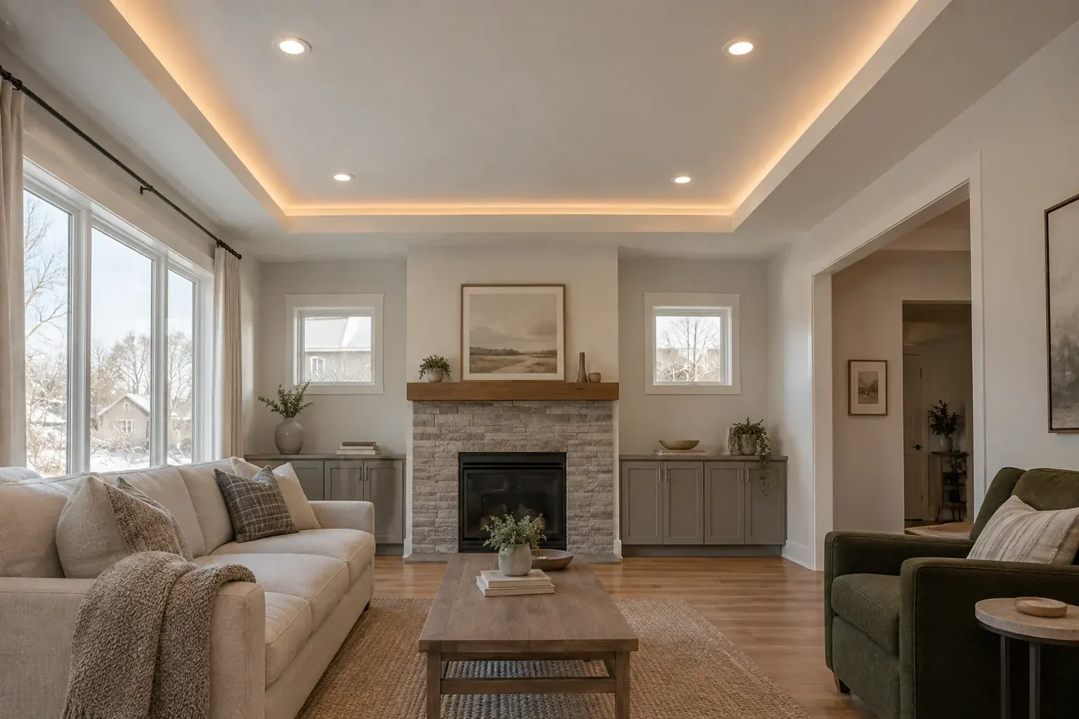 Living room design concept with warm ivory walls, a simple tray ceiling and concealed perimeter lighting